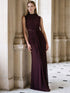 Black Cherry Sleeveless Mesh Gown with Mock Neck - Woman Wearing Elegant Floor-Length Dress - Le Chateau