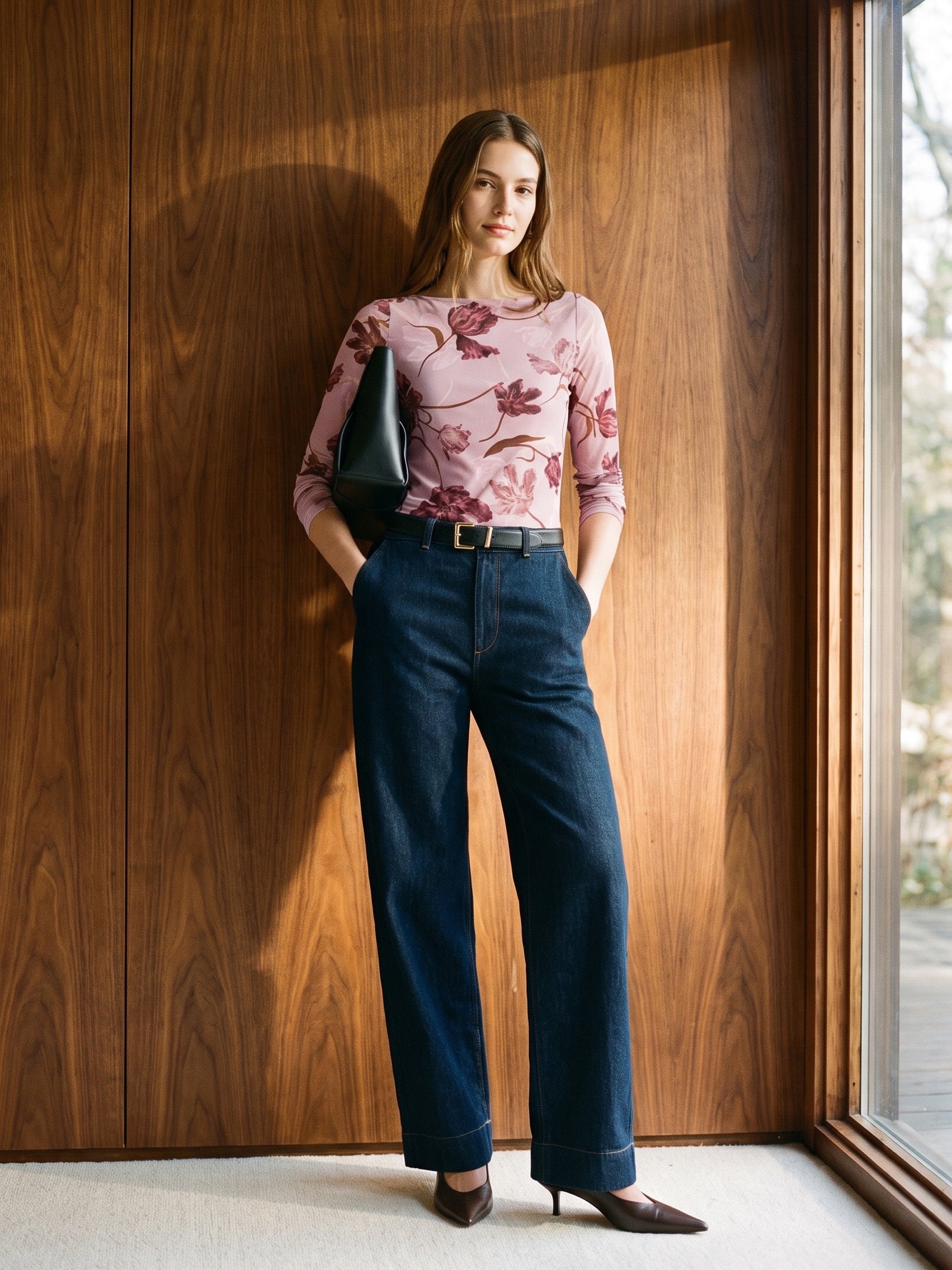 Dusty Pink Floral Mesh Boat Neck Top - Woman Wearing Long Sleeve Printed Top - Suzy Shier
