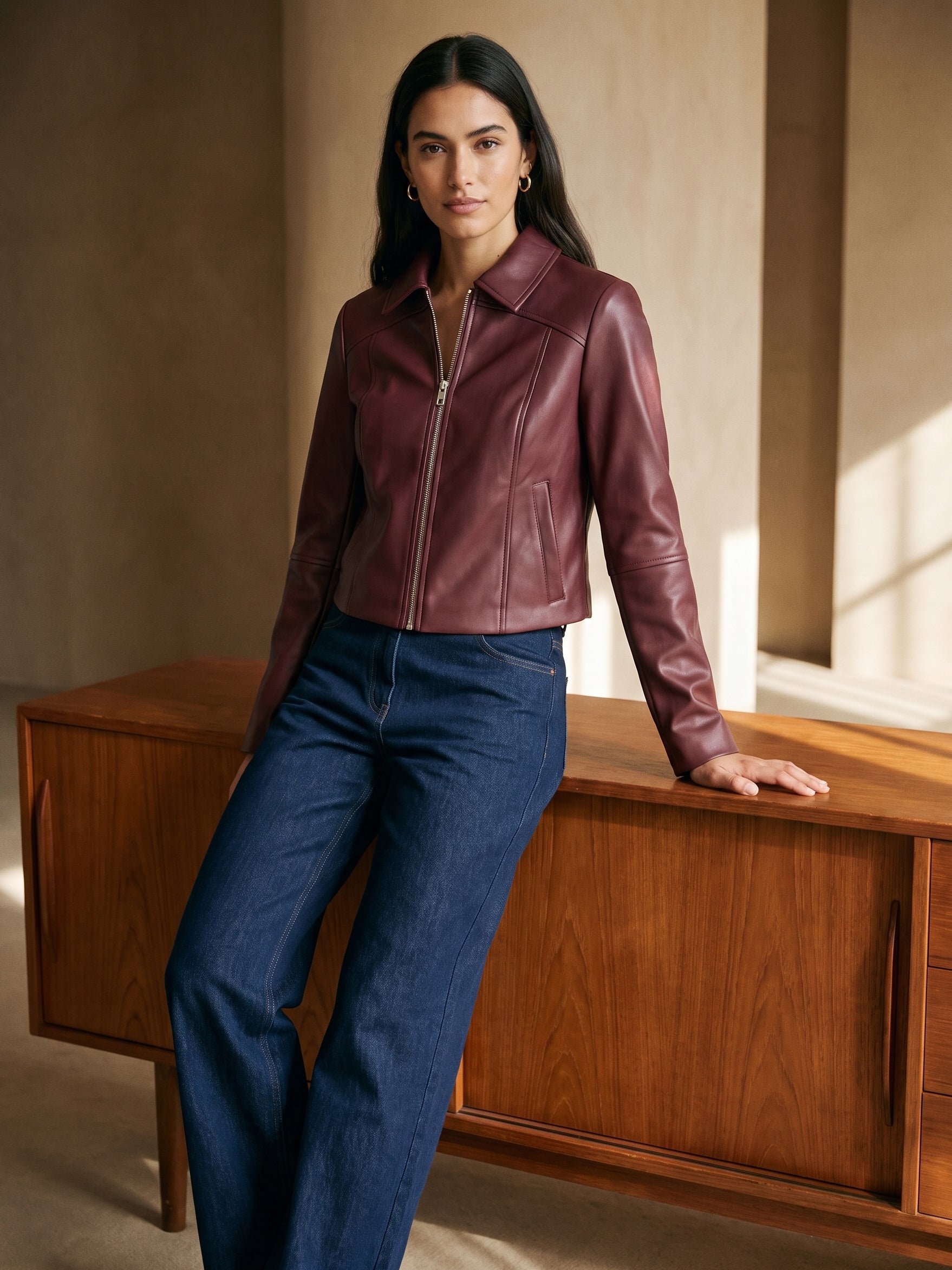 Merlot Vegan Leather Shorts with Front Zipper - Front View - Suzy Shier