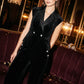 Black Tuxedo Velour Vest with Crystal Buttons - Woman Wearing Crystal-Embellished Formal Vest - Le Chateau
