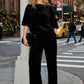 Black Velvet Wide-Leg Pull-On Pants - Woman Wearing Knit Velvet Trousers - Suzy Shier