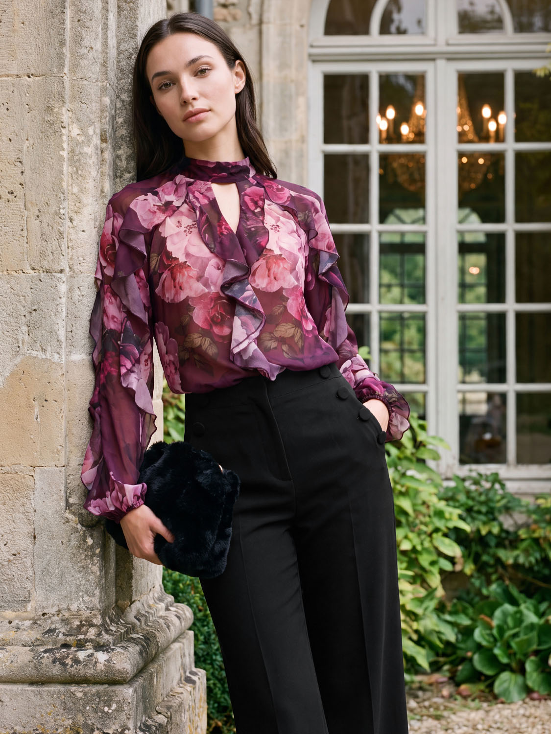 Eggplant Floral Keyhole Ruffle Blouse - Woman Wearing Romantic Floral Top - Le Chateau