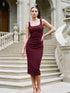 Bordeaux Knit Crepe Scoop Neck Midi Dress - Woman Wearing Elegant Evening Dress - Le Chateau
