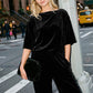 Jet Black Velvet Boat Neck Boxy Top - Woman Wearing Wide Sleeve Knit Top - Suzy Shier