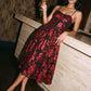 Red/Black Sequin Floral Mesh Bustier Midi Dress - Woman Wearing Fit & Flare Evening Dress - Le Chateau