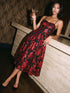 Red/Black Sequin Floral Mesh Bustier Midi Dress - Woman Wearing Fit & Flare Evening Dress - Le Chateau