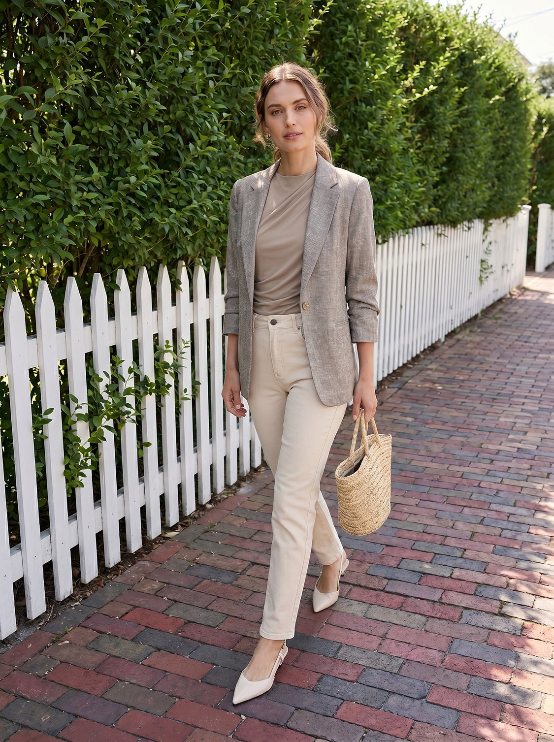 Driftwood Ruched Sleeve One-Button Blazer - Woman Wearing Tailored Blazer with Notch Collar - Suzy Shier