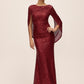 Burgundy Sequin Mesh Gown with Cape - Woman Wearing Floor-Length Evening Dress - Le Chateau