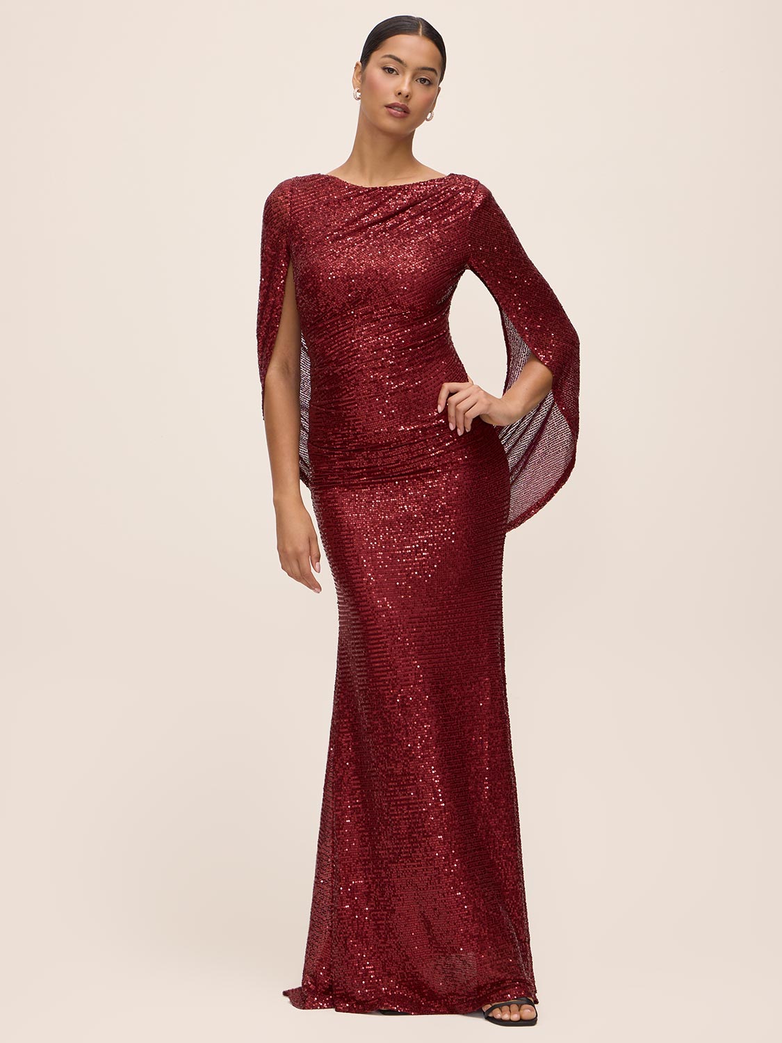 Burgundy Sequin Mesh Gown with Cape - Woman Wearing Floor-Length Evening Dress - Le Chateau