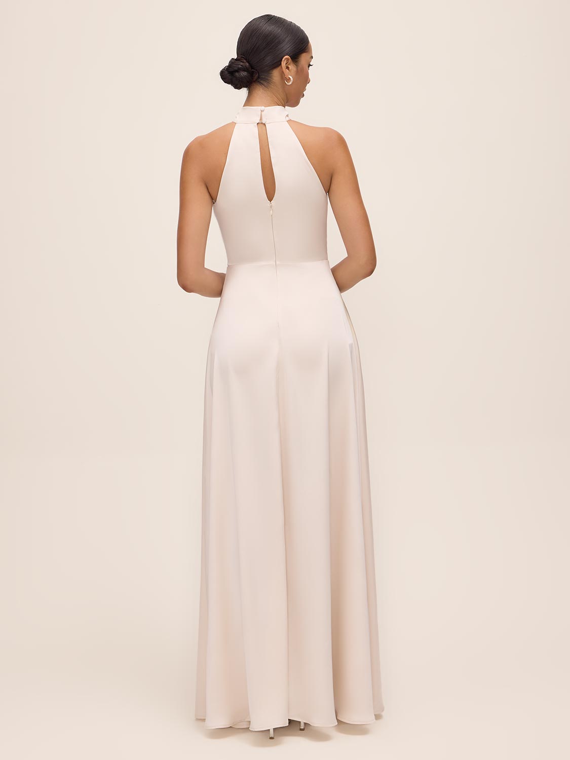 Antique Cream Sleeveless Satin Gown with Flared Hem - Back View - Le Chateau