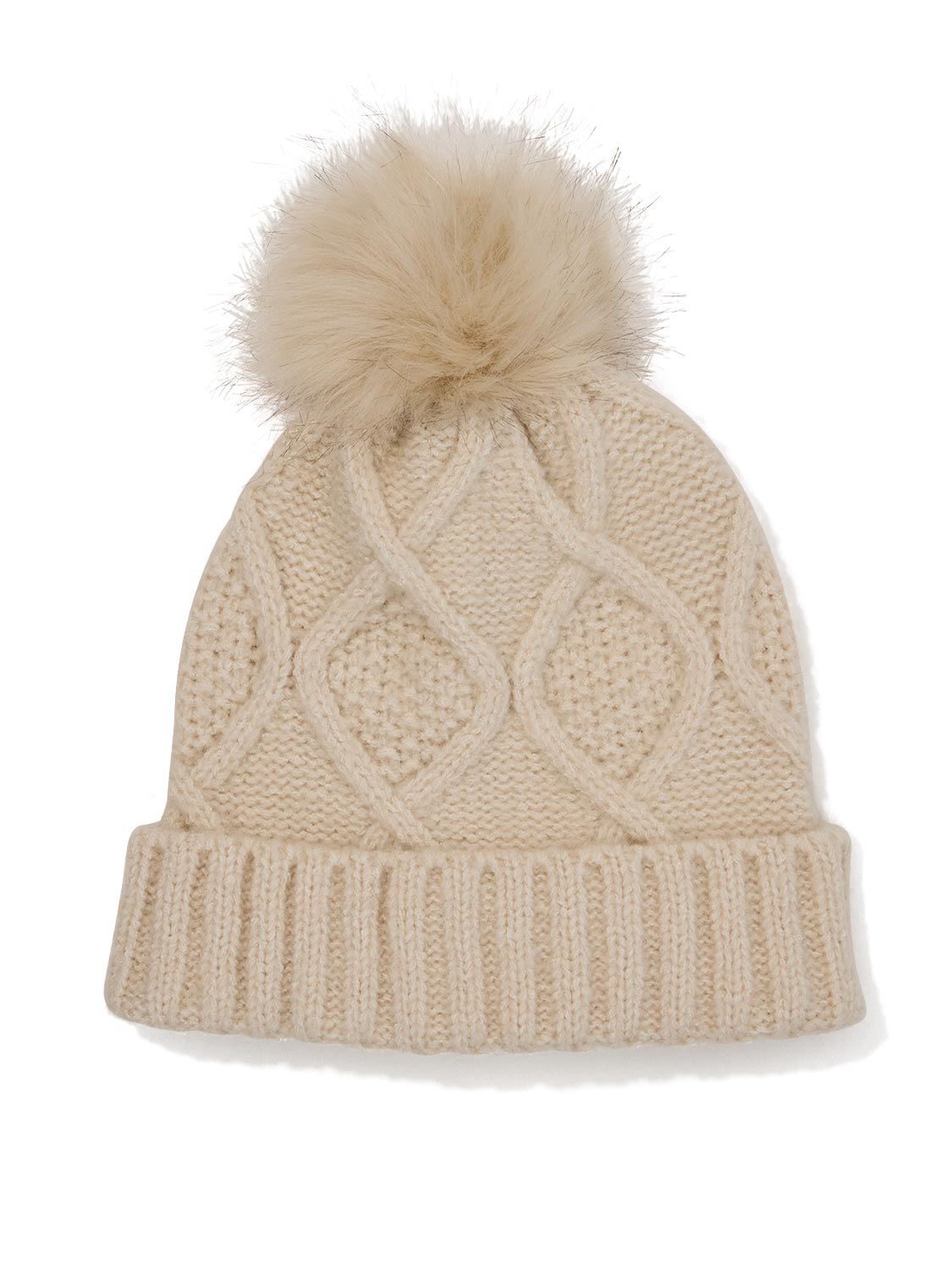 Cream Cable Knit Hat with Faux Fur Pom Pom - Close-up View - Suzy Shier