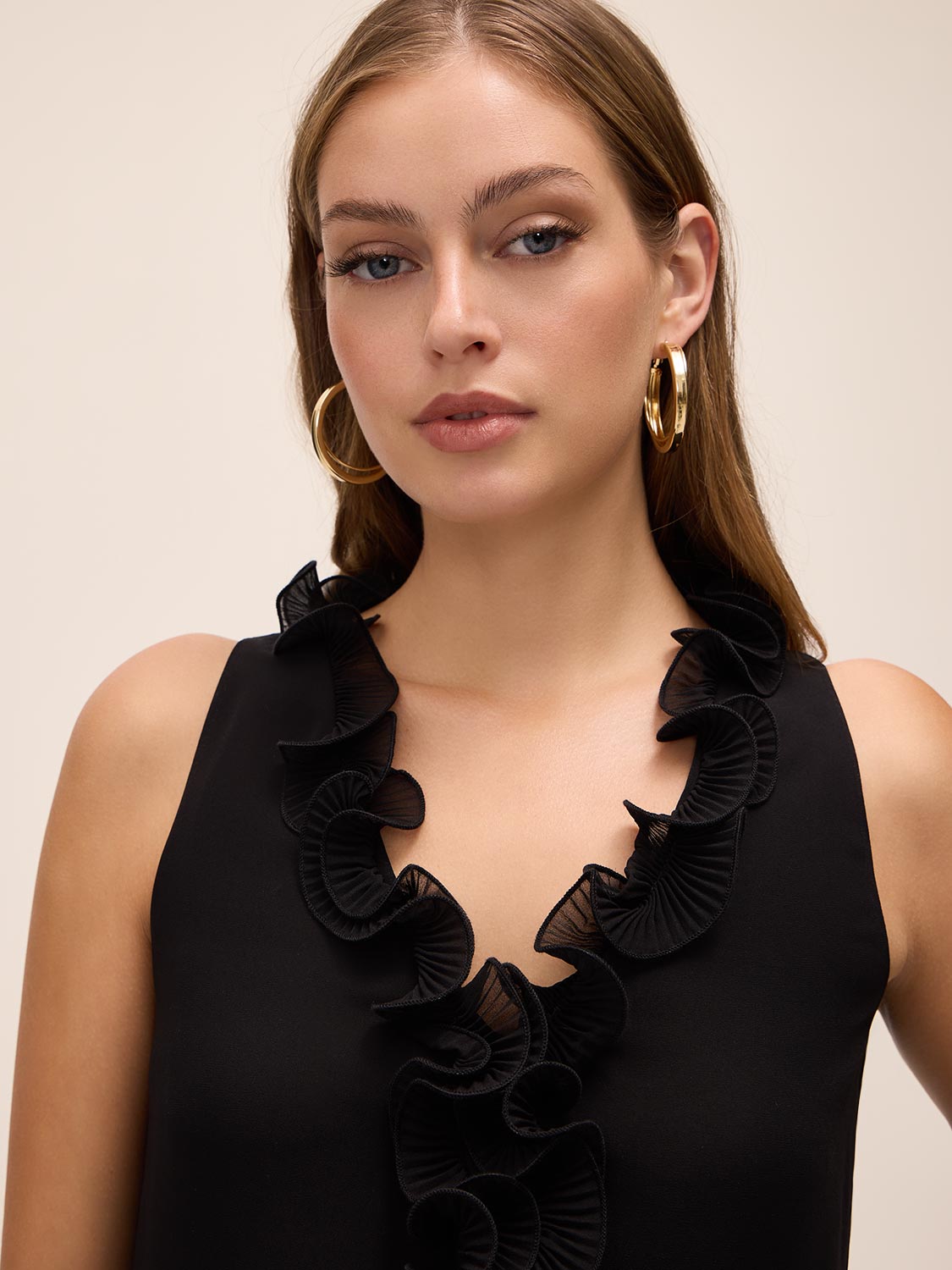 Black Plissé Ruffle Sleeveless Blouse - Close-up Ruffle Detail - Le Chateau