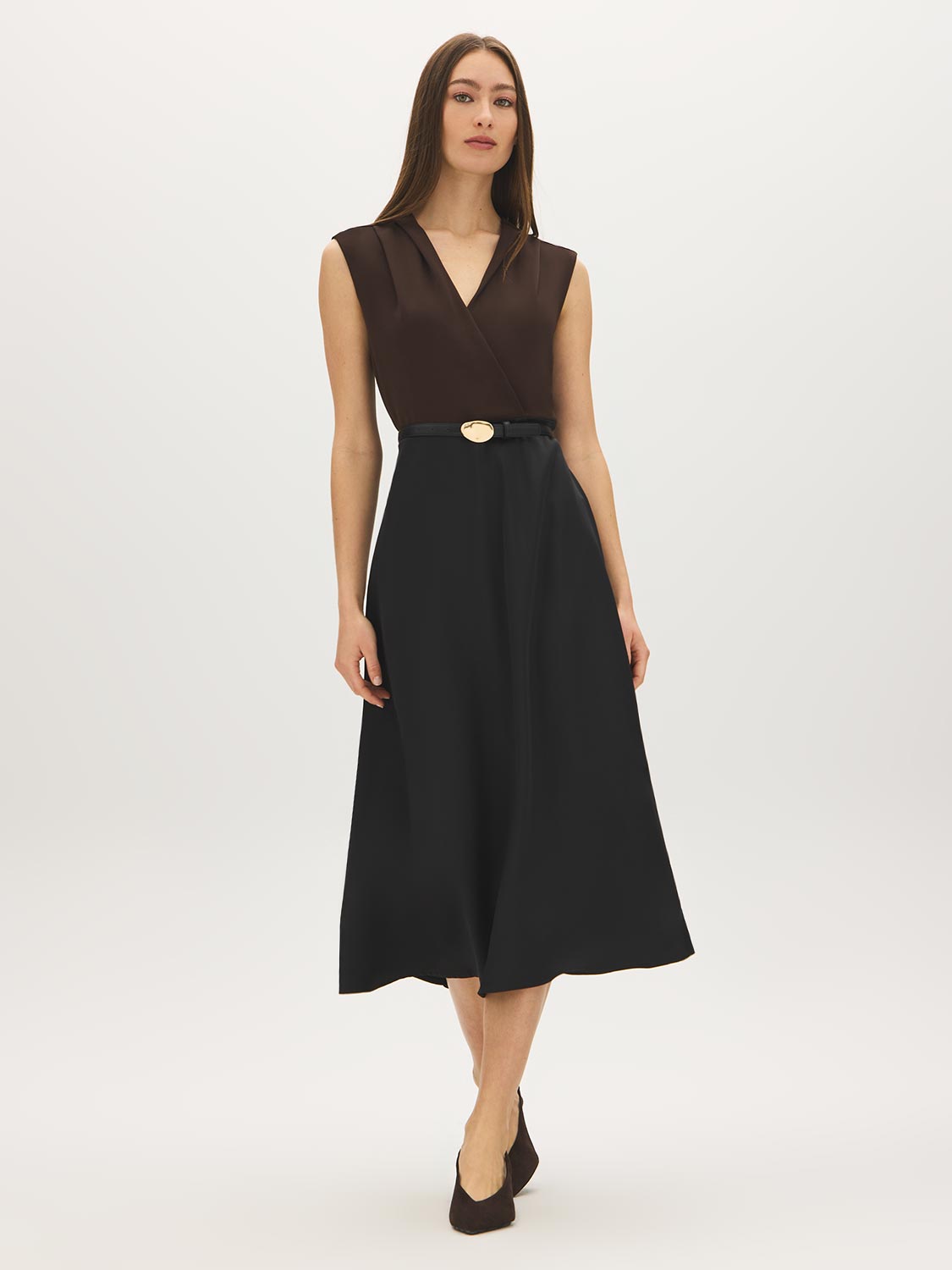 Black and Coffee Bean Two-Tone Crossover Dress - Full Front View - Suzy Shier