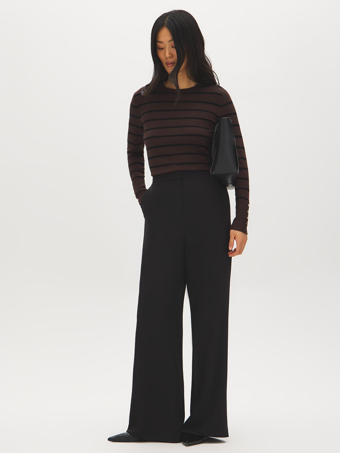Coffee Bean/Black Stripe Knit Sweater with Snap Button Sleeves - Full Body View - Suzy Shier