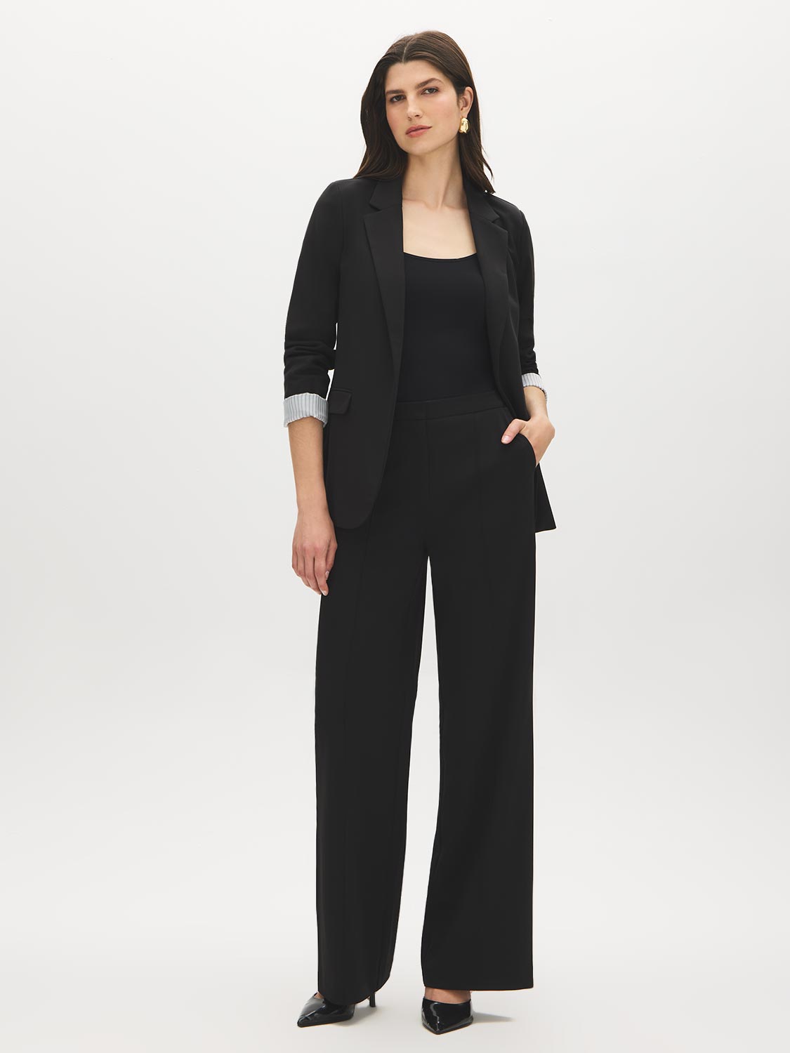 Grey Mix Notch Collar Knit Blazer with Stripe Cuff - Front View - Suzy Shier