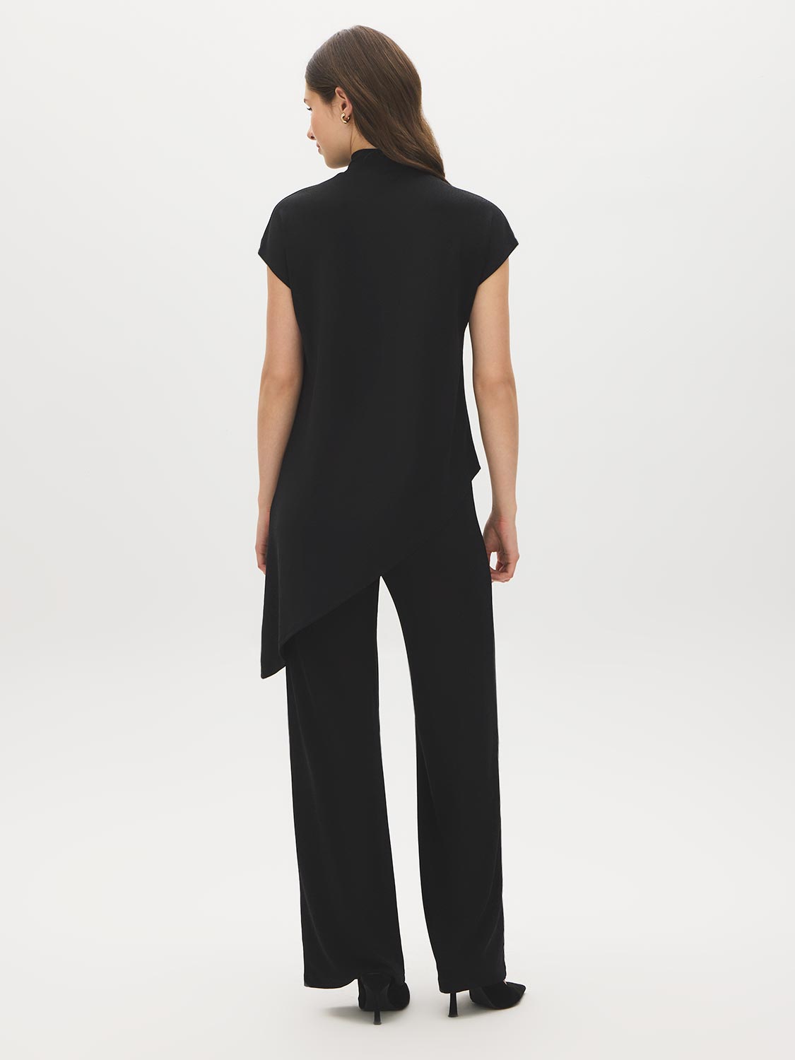 Black Mock Neck Shimmer Asymmetrical Top - Back View - Suzy Shier