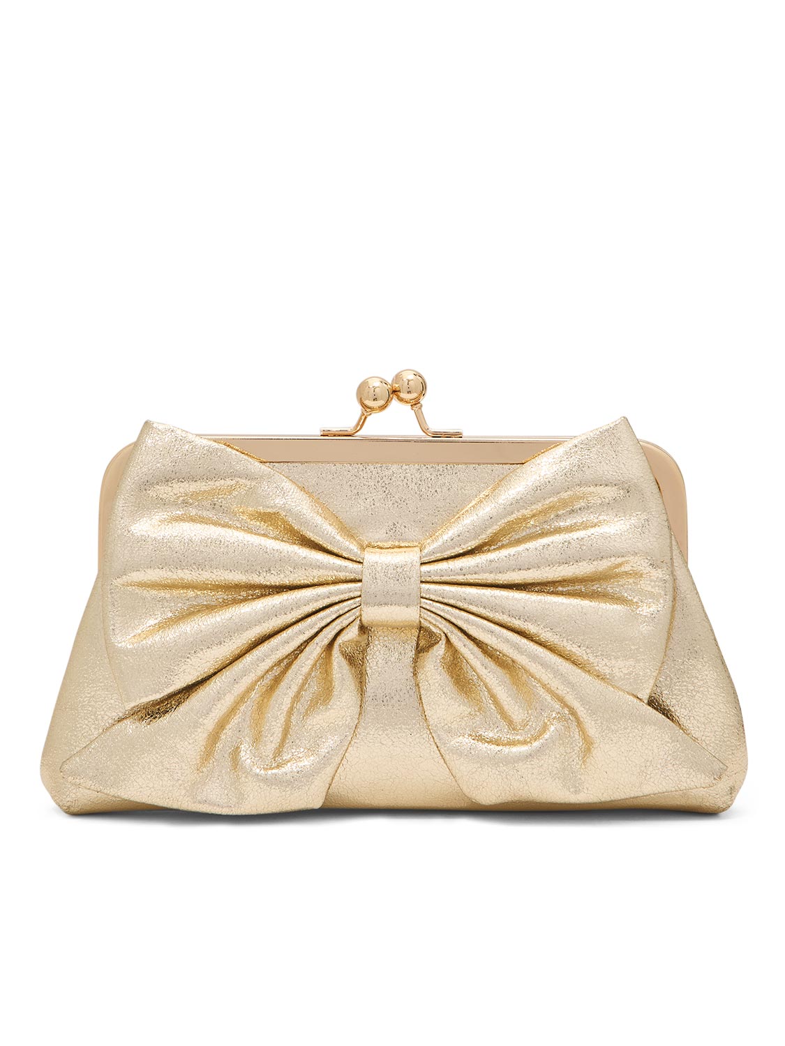 Gold Metallic Clutch Bag with Bow Detail - Close-up Front View - Le Chateau