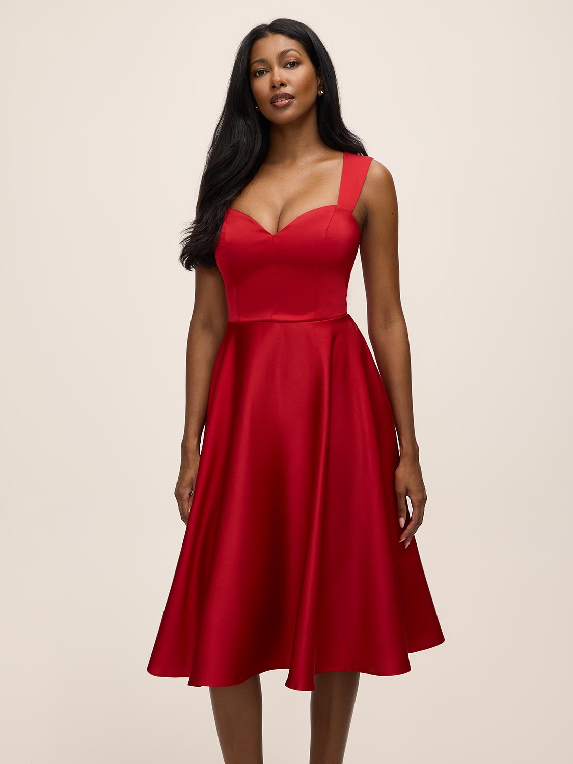 Red Satin Fit & Flare Sleeveless Midi Dress - Alternate Front View - Le Chateau
