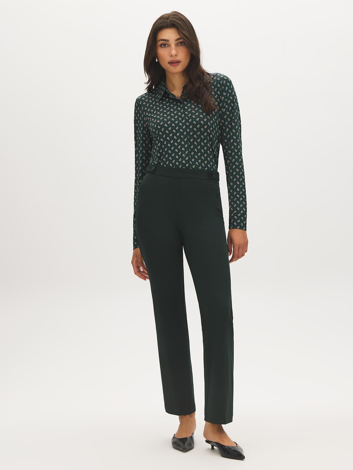 Scarab Printed Button-Up Blouse with Shirt Collar - Front View - Suzy Shier