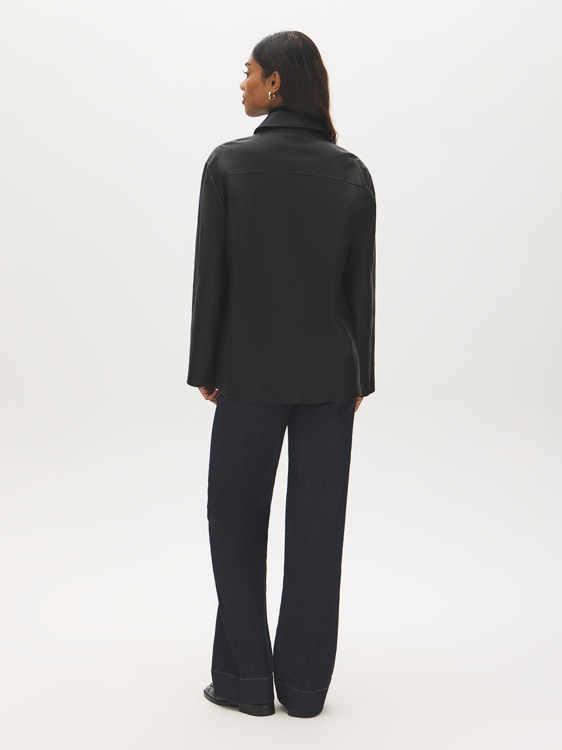 Black Textured Faux Leather Jacket with Patch Pockets - Back View - Suzy Shier