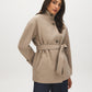 Taupe Melange Faux Wool Short Wrap Coat with Funnel Neck - Side Profile View - Suzy Shier