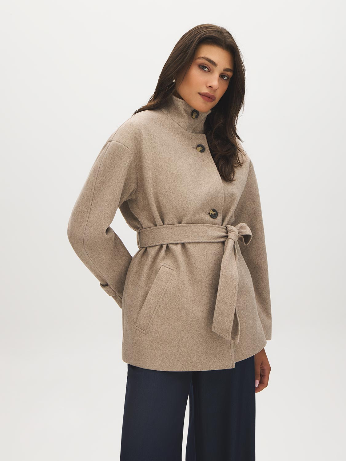 Taupe Melange Faux Wool Short Wrap Coat with Funnel Neck - Side Profile View - Suzy Shier