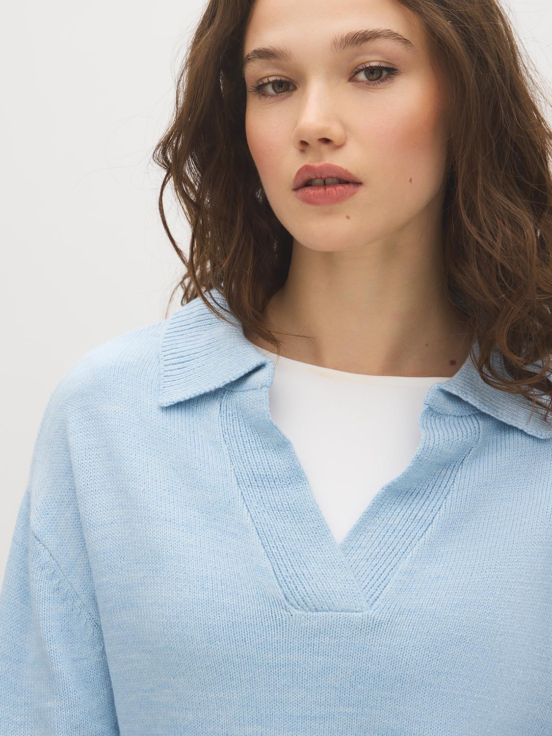 Blue Melange Polo Collar Knit Sweater - Collar Detail - Suzy Shier