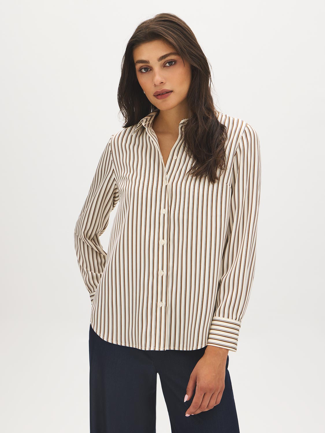 Winter White and Bison Stripe Twill Oversized Blouse - Front View - Suzy Shier
