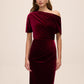 Burgundy Velour Gown with Asymmetrical Neckline - Front View - Le Chateau