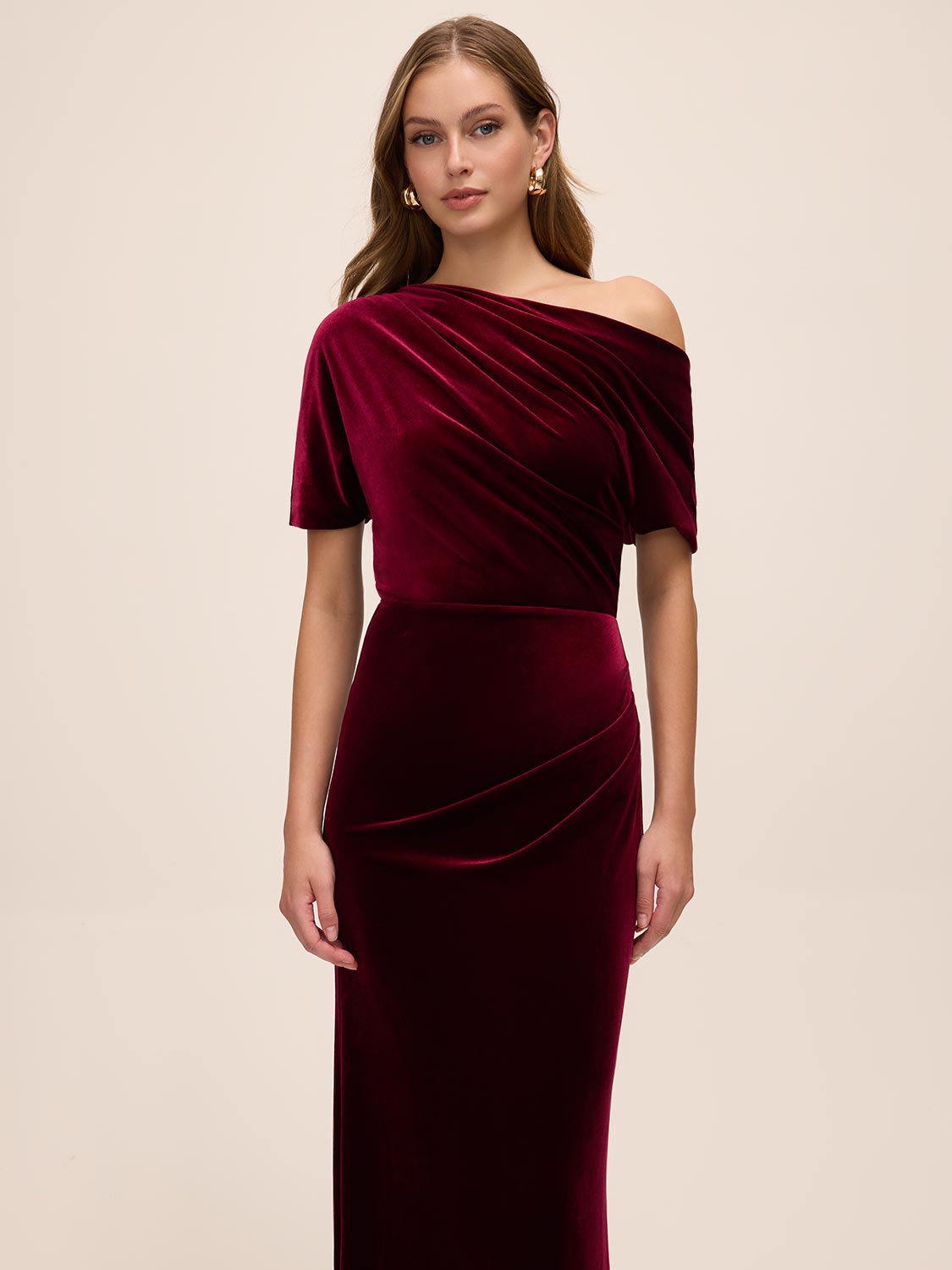 Burgundy Velour Gown with Asymmetrical Neckline - Front View - Le Chateau