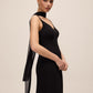 Black Knit Crepe Gown with Chiffon Godet Inserts - Side Profile View - Le Chateau