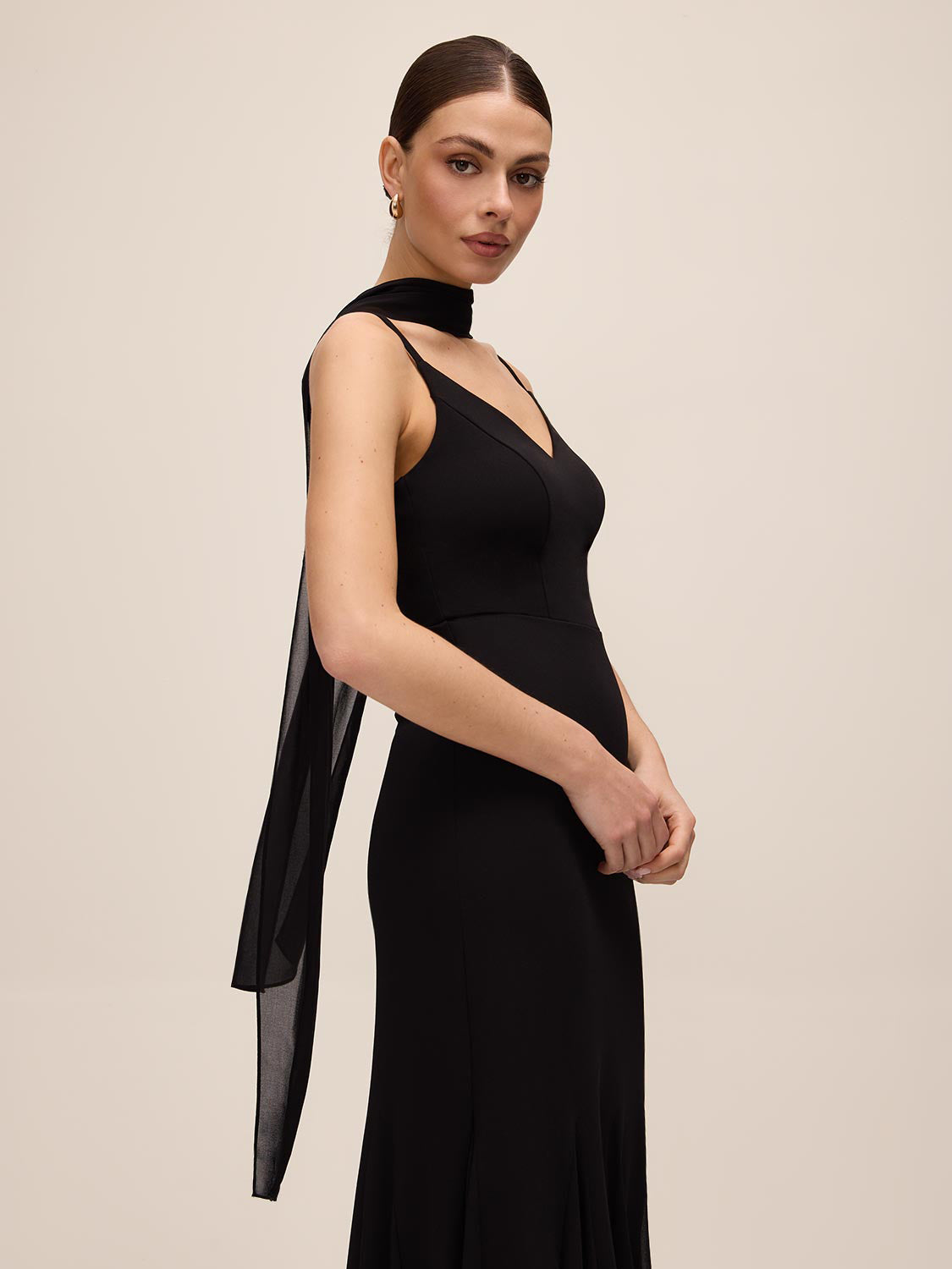 Black Knit Crepe Gown with Chiffon Godet Inserts - Side Profile View - Le Chateau