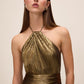 Bronze Liquid Stripe Foil Gown - Close-up Halter Neck Detail - Le Chateau