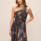 Dark Sapphire Bordeaux Floral One-Shoulder Gown - Front View - Le Chateau