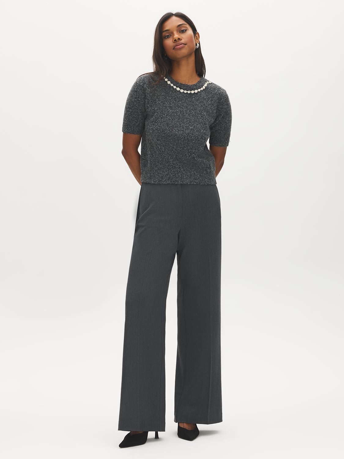 Charcoal Embellished Crew Neck Knit Sweater - Front View - Suzy Shier