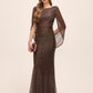 Bronze Metallic Crinkle Knit Gown with Cape - Woman Wearing Elegant Evening Dress - Le Chateau