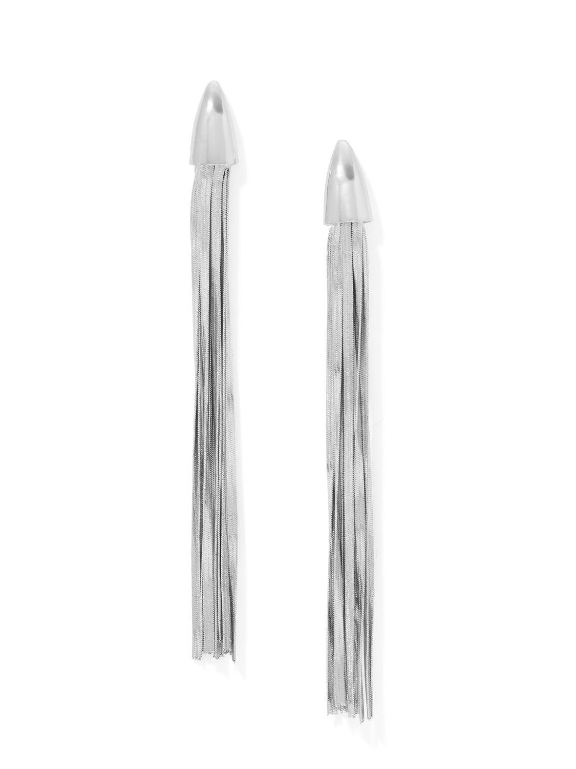 Silver Linear Snake Chain Tassel Earrings - Close-up View of Earrings - Suzy Shier