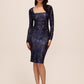 Midnight Blue Square Neck Sequin Midi Dress - Woman Wearing Illusion Sleeve Evening Dress - Le Chateau