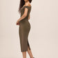 Bronze/Black Lurex Knit Asymmetric Neckline Sheath Dress - Side Profile View - Le Chateau