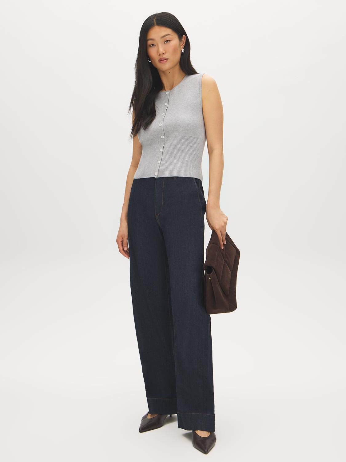Lunar Melange Sleeveless Knit Sweater with Faux Button Placket - Front View - Suzy Shier