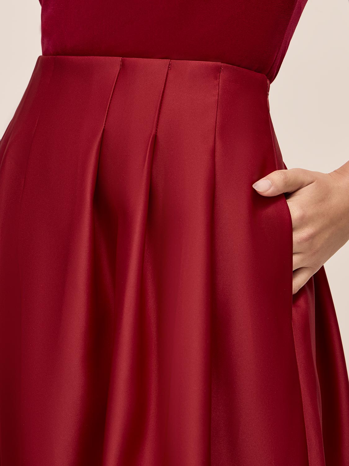 Lipstick Red Satin Pleated Skirt - Close-up Fabric Detail - Le Chateau