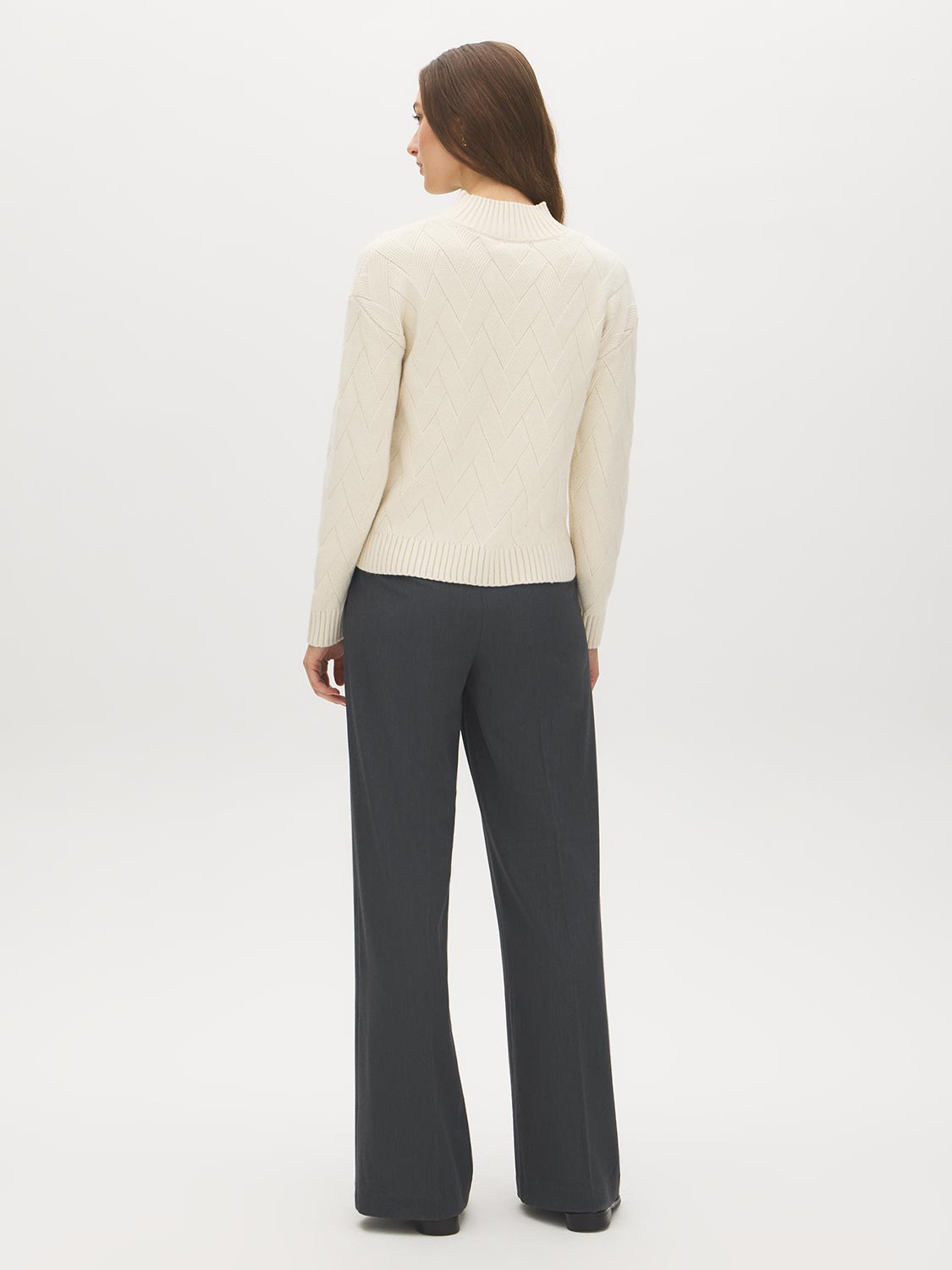 Cloud Gray Mock Neck Sweater with Diagonal Stitch Detail - Back View - Suzy Shier