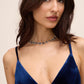 Midnight Blue V-Neck Velour Fit & Flare Cocktail Dress - Close-up V-Neckline Detail - Le Chateau