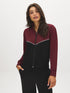 Zinfandel and Jet Black Color Block Fleece Jacket - Woman Wearing Cozy Knit Outerwear - Suzy Shier