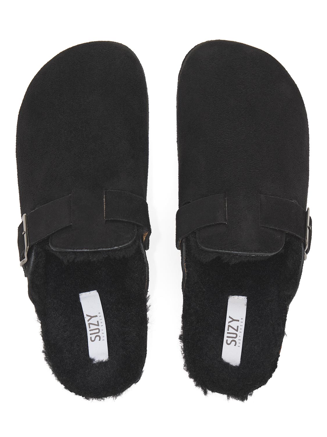 Black Faux Suede Clog with Sherpa Lining - Top View - Suzy Shier