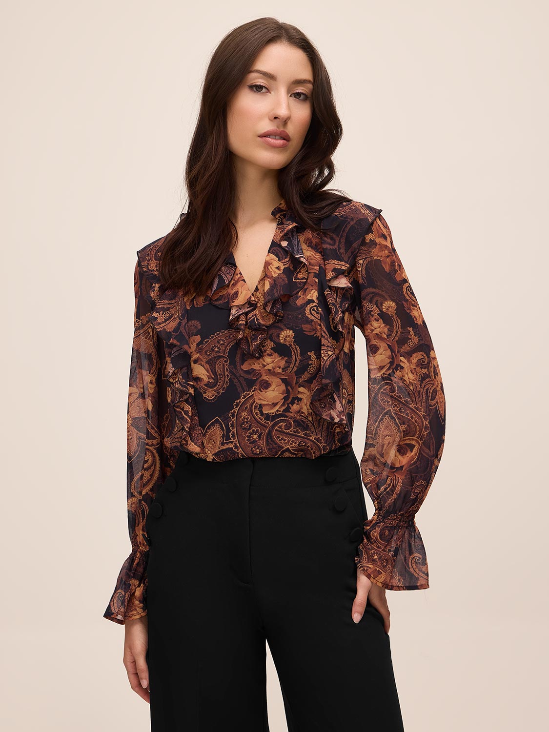 Black/Toffee Paisley Ruffle Blouse - Woman Wearing Flowing Patterned Top - Le Chateau