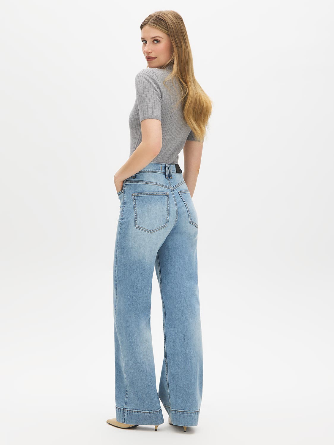 Medium Stone Wash Straight Leg Denim with Wide Hem - Back View - Suzy Shier