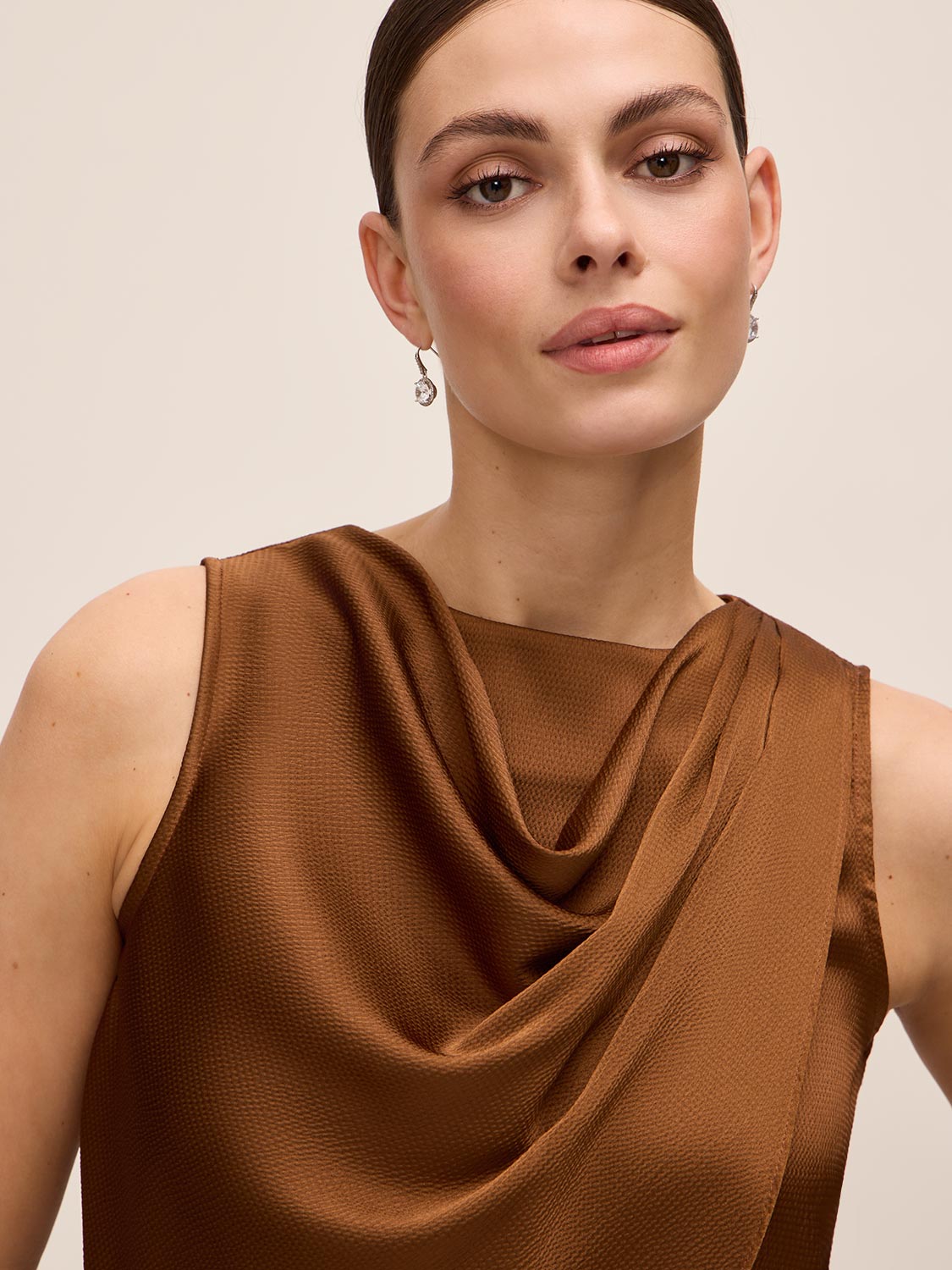 Bronze Draped Cowl Shell Top - Woman Wearing Elegant Sleeveless Blouse - Le Chateau
