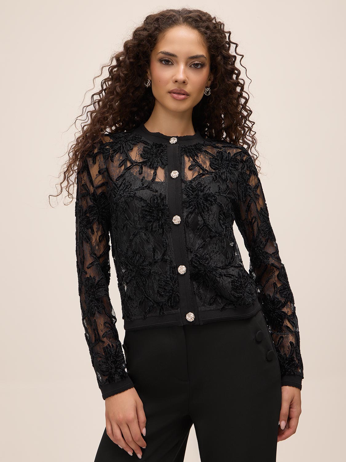 Black Chenille Soutache Lace Cardigan - Woman Wearing Elegant Knit Cardigan - Le Chateau