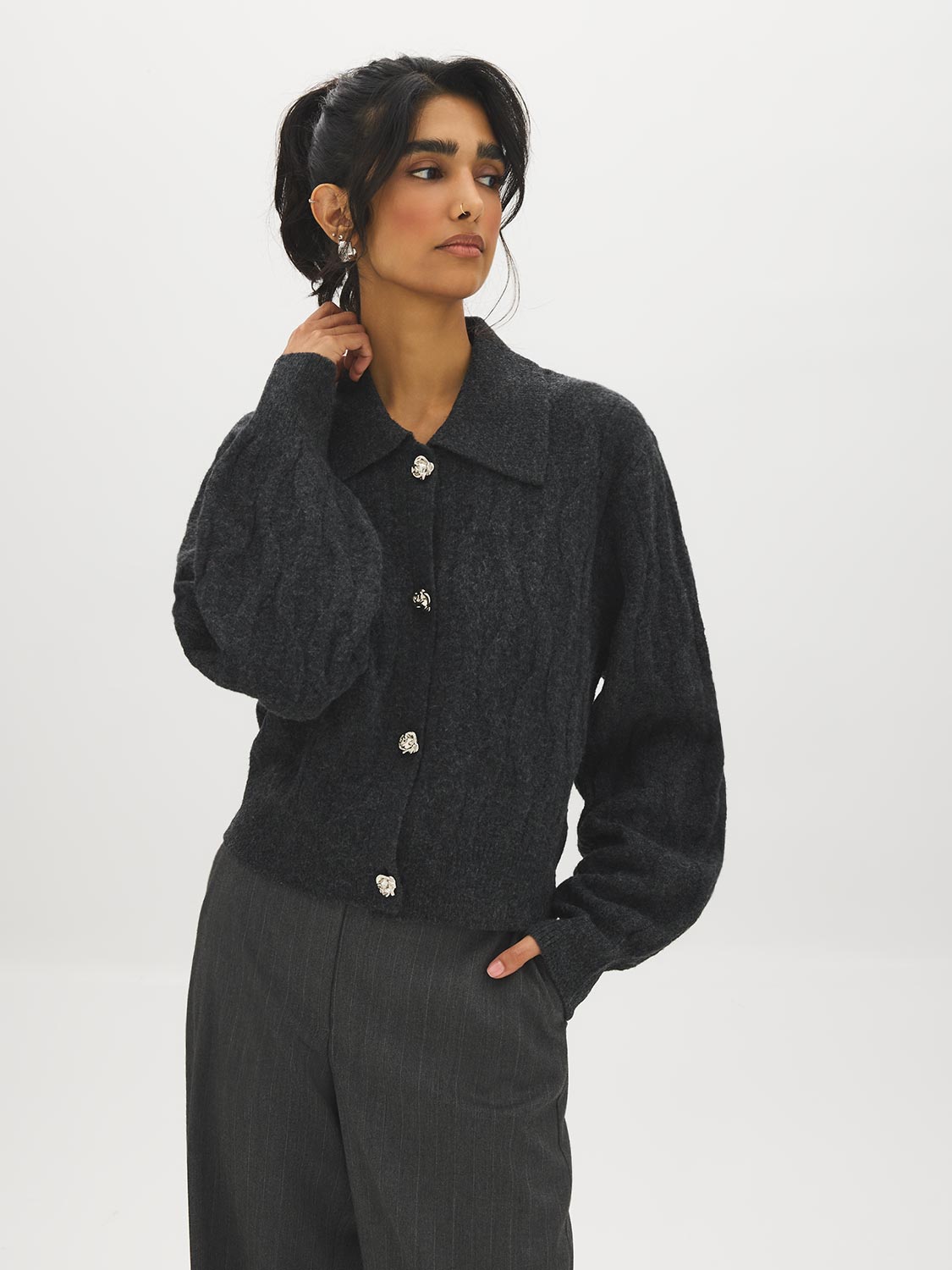 Thunder Storm Cable Knit Sweater with Large Collar - Woman Wearing Textured Knit Sweater - Suzy Shier